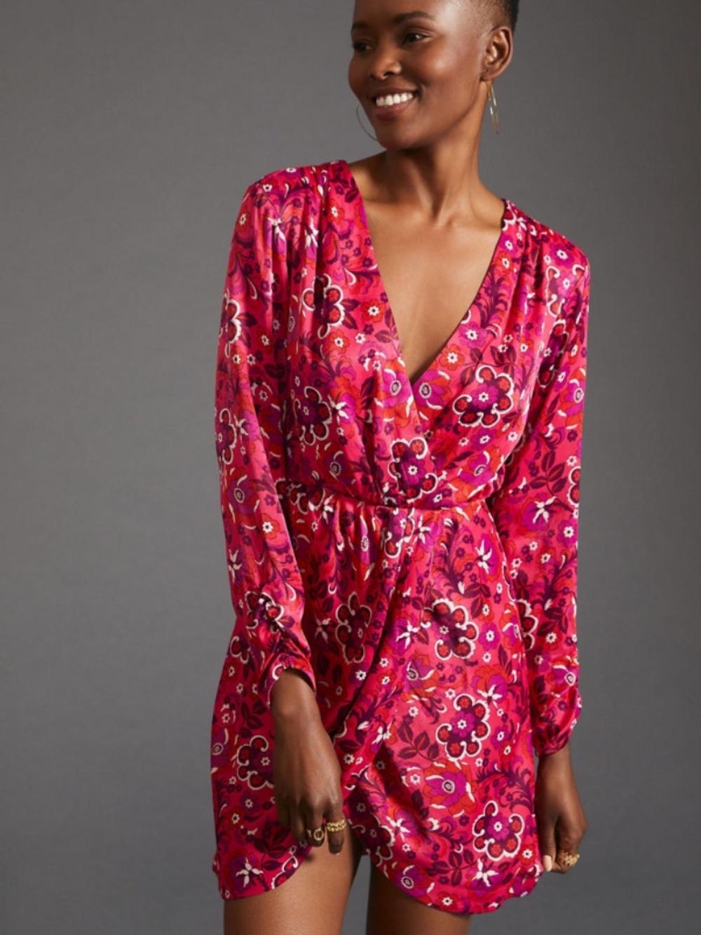 Anthropologie Maeve Wrap Satin Dress Pink Floral Viscose Size XL
